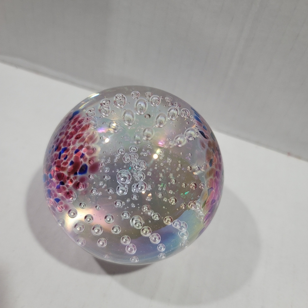 Vintage Glass Eye Studio Controlled Bubble Iridescent Paperweight Plume  GES 99